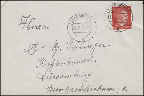Marque libre Hitler 8 Pf EF sur lettre locale charbonnage Arelux LUXEMBOURG 15.9.42