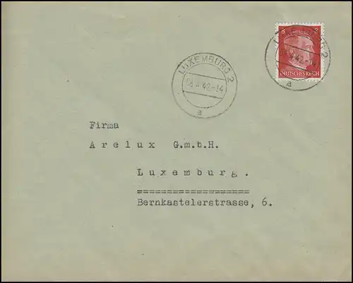 Freimarke Hitler 8 Pf EF auf Orts-Brief Kohlenhandlung Arelux LUXEMBURG 8.4.42
