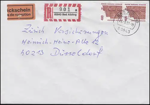 1562 SWK 400 Pf Semperoper Dresden 2x MeF R-Bf + Rückschein BAD AIBLING 22.3.97