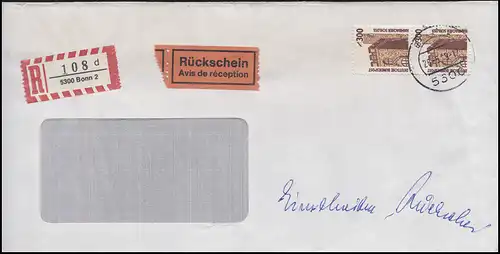 1348 SwK 2x 300 Pf. Lettre de fenêtre R avec accusé de réception BONN 26.5.89