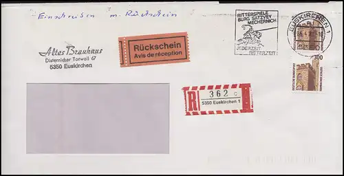 1348 SWK 2x 300 Pf R-Fensterbrief mit Rückschein EUSKIRCHEN Ritterspiele 26.4.89