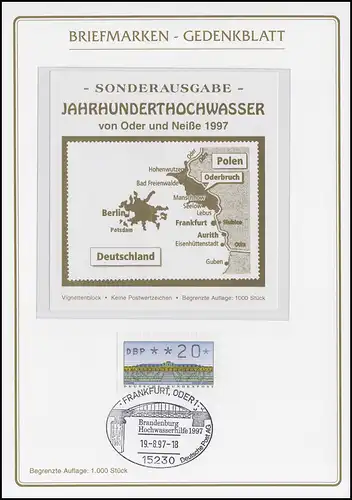 Gedenkblatt Jahrhunderthochwasser 1997 mit Vignette, SSt Frankfurt/Oder 19.8.97