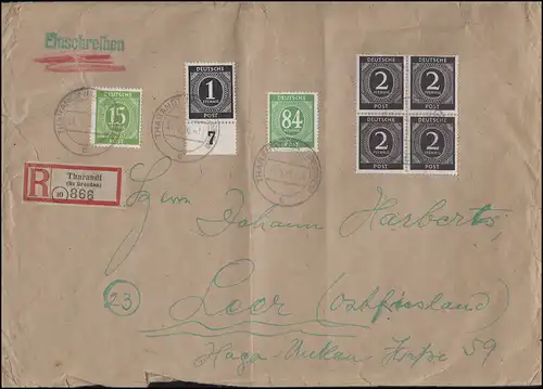 MiF chiffre sur lettre "grande R" THARANDT (par exemple DRESDEN) 31.5.46 vers LEER 14.6.46