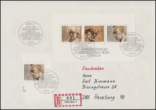 Bloc 16 Prix Nobel de littérature 961 comme ZF sur R-FDC avec ESSt BONN 16.2.78