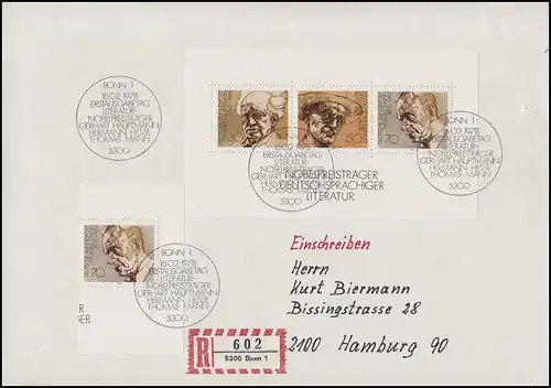 Bloc 16 Prix Nobel de littérature 961 sur R-FDC avec ESSt BONN 16.2.78