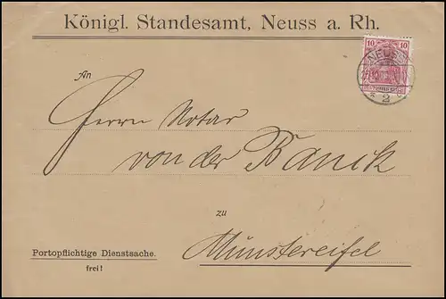 Germania 10 Pf. EF Brief Königl. Standesamt NEUSS 25.10.09 nach Münstereifel