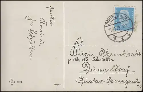 454 Hindenburg 4 Pf. EF AK Namenstag als Ort-Postkarte DÜSSELDORF 1 a - 13.12.32