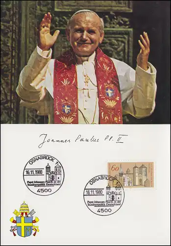 Carte commémorative du pape visite en Allemagne SSt Osnabrück Pape Paul II 16.11.1980