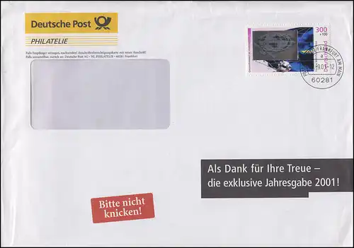 2081 Wohlfahrt Kosmos 300 Pf. mit Hologramm EF Philatelie-Brief Frankfurt 7.9.01