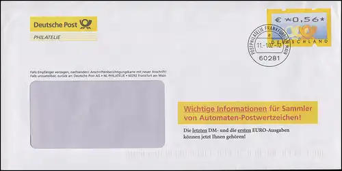 Post-Brief Informationen für Sammler von ATM EF ATM 4 zu 56 C. Frankfurt 11.1.02