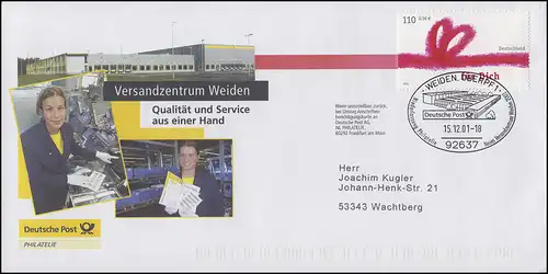 Lettre postale Nouveau centre d'expédition Weiden EF 2223 SSt WEIDEN 15.12.2001