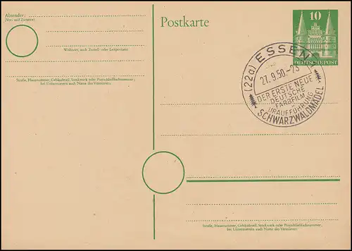 Bizone Postkarte P 1 mit SSt ESSEN Erster Farbfilm Schwarzwaldmädel 25.9.50