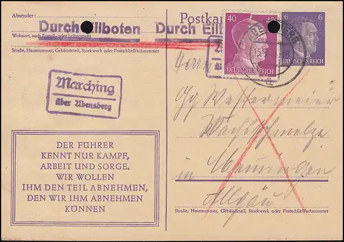Landpost Marching über ABENSBERG 15.3.44, Eil-Postkarte P 312a/08 mit Zusatzfr.