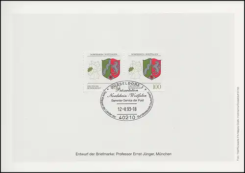 Carte pliante Nous en Rhénanie-du-Nord-Westphalie Armoiries des Länder ESSt DÜSSELDORF 12.8.93