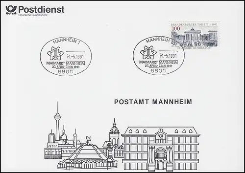 Erinnerungskarte Postamt MANNHEIM mit SSt Maimarkt Mannheim 1.5.1991