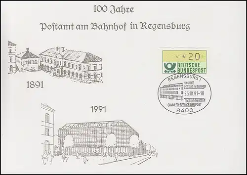 Erinnerungskarte 100 Jahre Postamt am Bahnhof in REGENSBURG SSt 25.10.1991