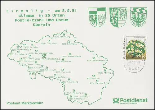 Erinnerungskarte 25 Orte mit PLZ 8591, Postamt Marktredwitz, SCHIRNDING 8.5.91