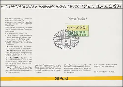 Messe-Karte ATM-Dokumentation 1981-1998 mit passendem SSt ESSEN 27.5.1984