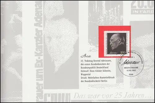 Carte pliante Konrad Adenauer avec 1601, ESSt BONN 25e anniversaire de la mort 12.3.1992