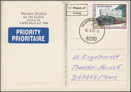 AK Zillertalbahn Tirol Herz der Alpen als FDC mit 2339 ET-O MAYRHOFEN 30.3.01