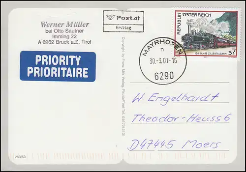 AK Original Zillertalbahn-Volet comme FDC avec 2339 ET-O MAYRHOFEN 30.3.01