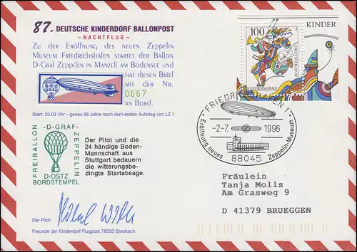 87. Kinderdorf-Ballonpost D-OSTZ Graf Zeppelin-Museum Friedrichshafen 2.7.1996 