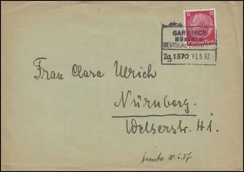 Poste ferroviaire GARMISCH - MUNICHS ZUG 1370 - 13.5.37 Lettre EF 12 Pf. vers Nuremberg