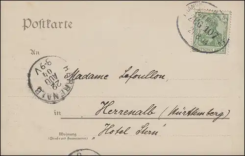 Bahnpost FRANKFURT (MAIN) - KASSEL ZUG 10721.8.1904 auf AK Badischer Schwarzwald