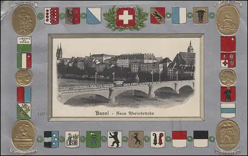 BAHNPOST CONSTANZ 32.7.1907 sur AK Basel - Nouveau pont rhénan / Armoiries des cantons