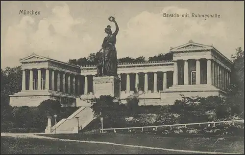 Ansichtskarte Bayern: München - Bavaria mit Ruhmeshalle, München 28.9.1908