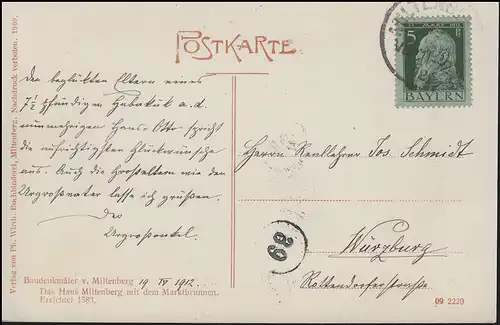 Carte de vue maison Miltenberg avec fontaine du marché, MILTENBERG 19.4.12 après Würzburg