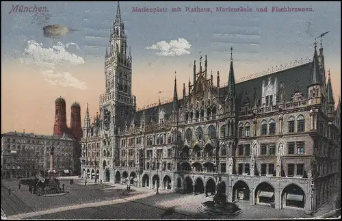 Bavière 10 Pf Ludwig Volksstaat EF sur AK Marienplatz avec hôtel de ville MÜNCHEN 5.8.19