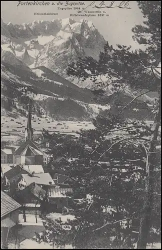 Ansichtskarte Partenkirchen und die Zugspitze, EF 5 Pf. PARTENKIRCHEN 3.8.06