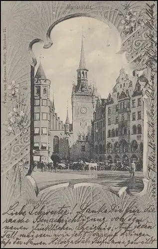 Ansichtskarte München Marienplatz, EF 5 Pf. MÜNCHEN 14.2.03 n. ELLER /DÜSSELDORF