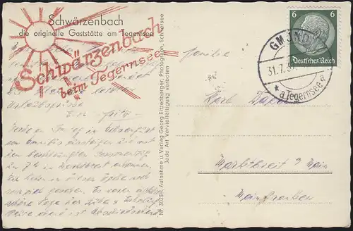 Carte de visite Schwarzenbach - restaurant original sur Tegernsee, GMUND 31.7.37