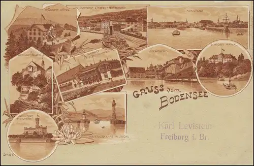 Ansichtskarte Gruss vom Bodensee mit 9 Ansichten, KONSTANZ 4.9.1907 n. Freiburg