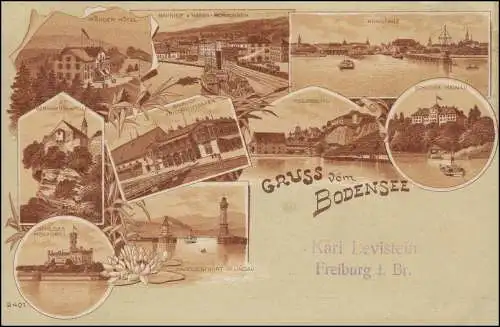 Ansichtskarte Gruss vom Bodensee mit 9 Ansichten, KONSTANZ 4.9.1907 n. Freiburg