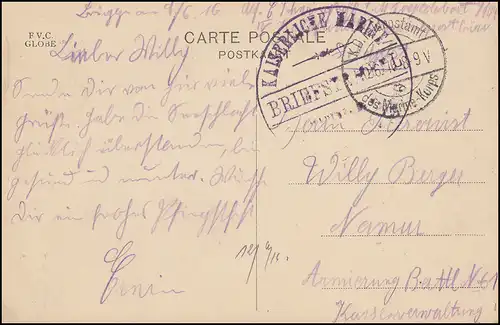 Poste de champ de la marine BS Kaiserl. Marine ... Torpille légère 10.6.1916, AK Bruges