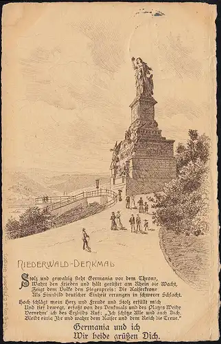 Carte de la vue poème avec monument à la Niederwald, RÜDESHEIM (RHEIN) 18.5.1907