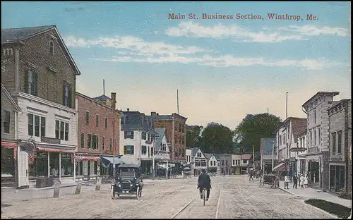 USA-Ansichtskarte Main St. Business Section WINTHROP ME. 1919 nach Berlin