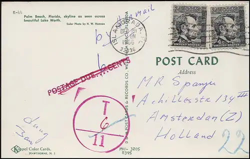 USA- AK Palm Beach nach Holland Nachporto-O / T-Stempel ISL AMORADA 20.12.1966