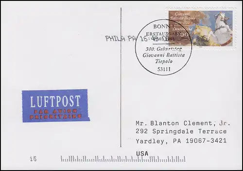 1847 Giovanni Battista Tiepolo, EF FDC-AK ESSt Bonn 7.3.1996 in die USA