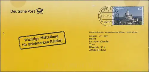 Plusbrief Marksburg Mitteilung für Briefmarken-Käufer Steckkarten WEIDEN 16.2.15