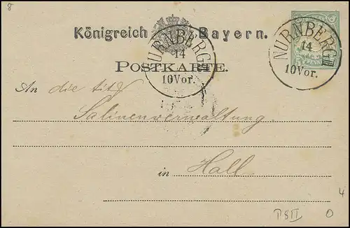 Bayern Postkarte Wappen 5 Pfennig NÜRNBERG 14.8.77 nach Hall / Salinenverwaltung