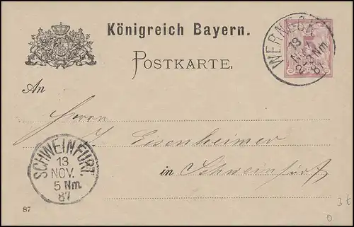 Bayern Postkarte Ziffer 5 Pf. WERNECK 13.11.87 nach SCHWEINFURT 13.11.87 