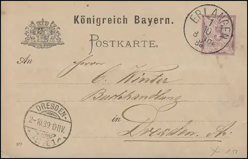 Bayern P34/02 Ziffer 5 Pf. lila DV 89: ERLANGEN 1.10.89 nach Dresden/Alt 1.10.89