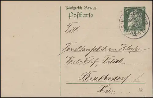 Bayern P 87I/02 Luitpold 5 Pf. DV 12: FÜRTH i. BAYERN 13.8.12 n. Brattendorf/Th.