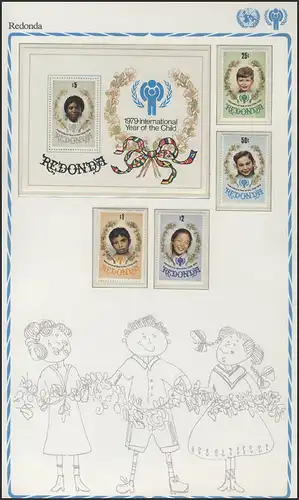 Redonda: visages d'enfants de nationalités différentes, 4 timbres et 1 bloc **