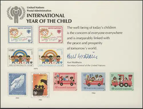 UNO Genf: Internationales Jahr des Kindes, Gedenkblatt mit Entwürfen,ungebraucht