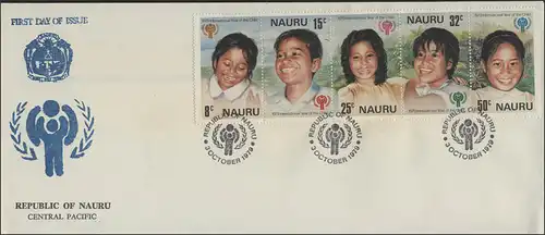 Nauru: Des portraits pour enfants riant, 5 valeurs en appuyant sur 1 FDC de bijoux